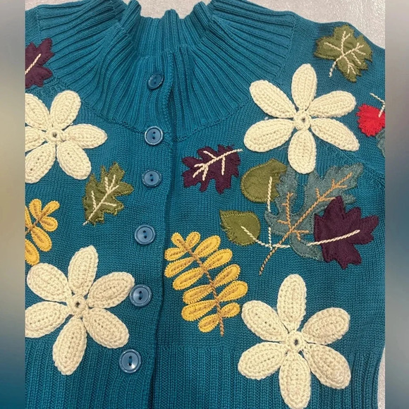 [L]Vintage  Classic Elements Crochet Knit Green Button Floral Sweater Cardigan - Picture 3 of 8